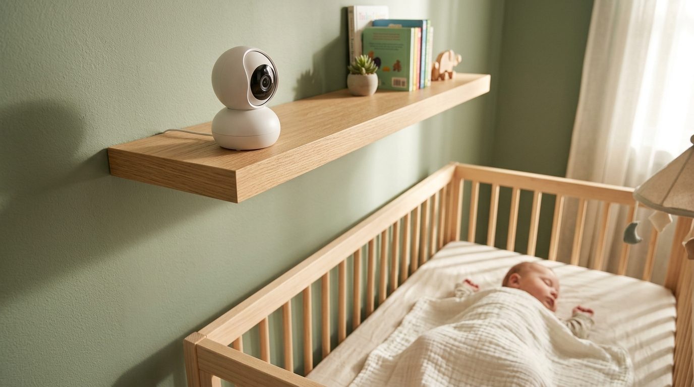 Baby monitor above a crib in a sage nursery