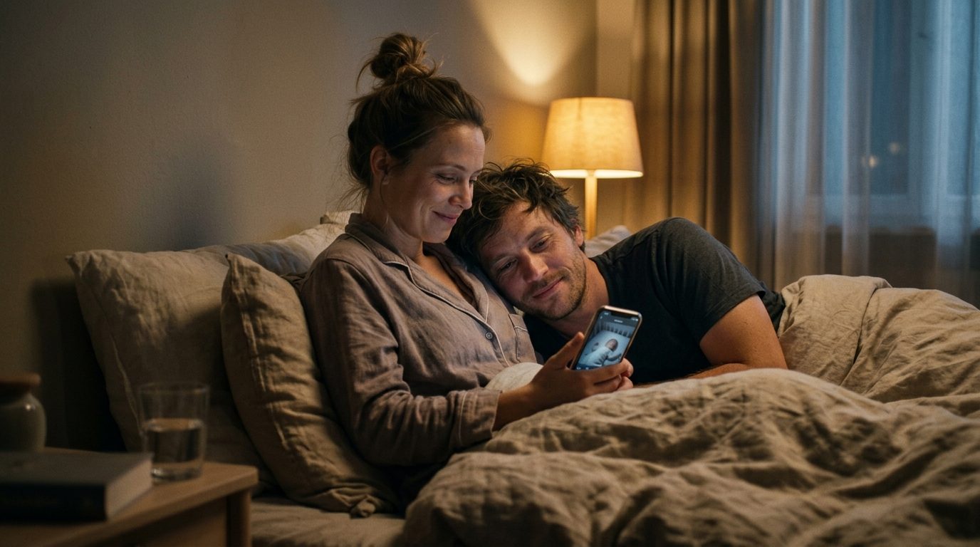 Tired, happy parents checking a phone together at night