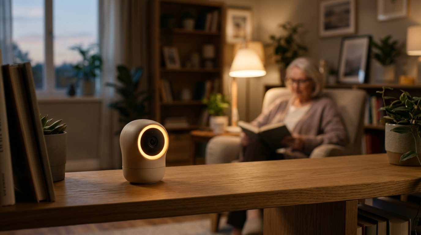 Warm camera on a shelf, an older woman reading behind it