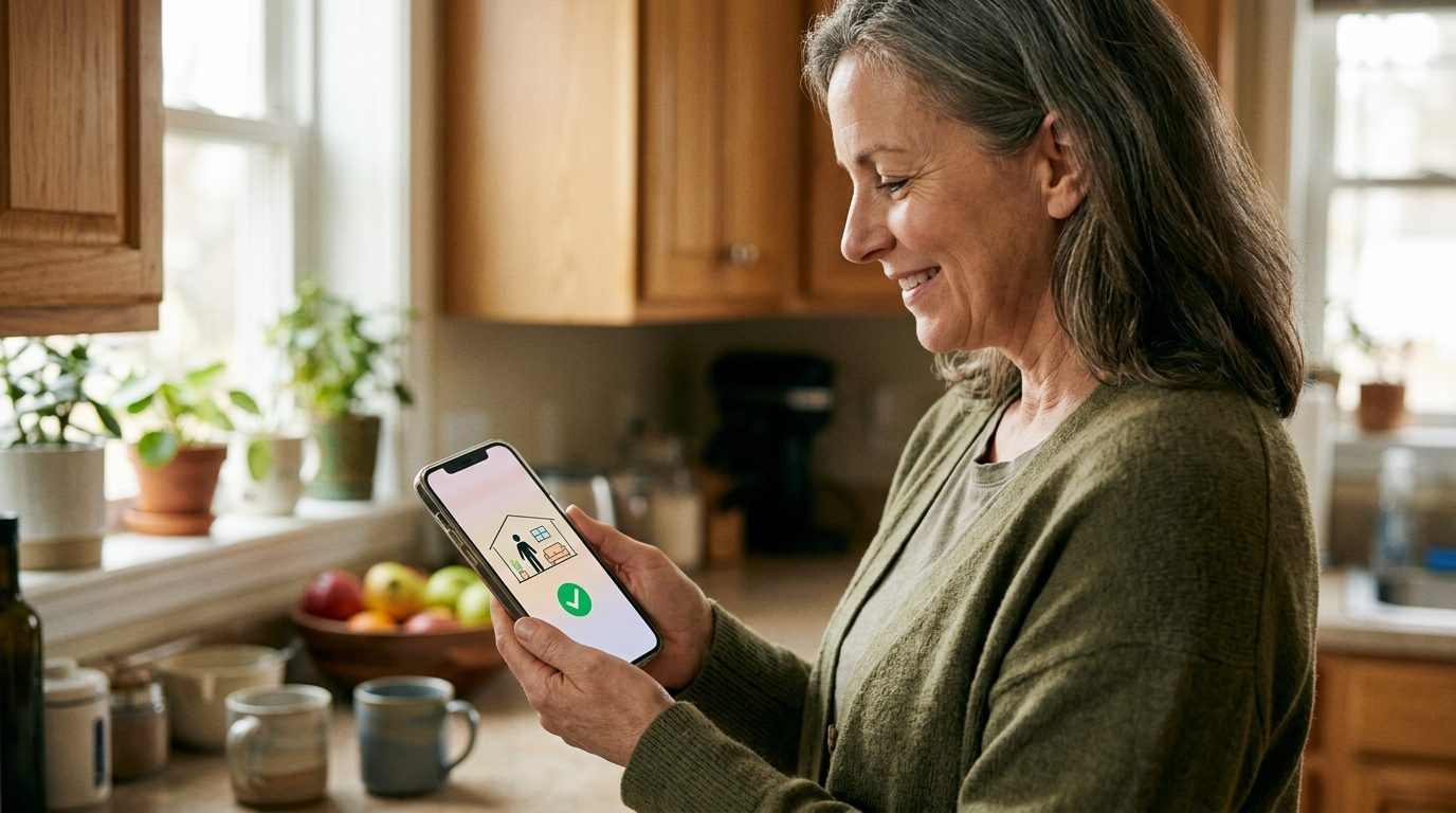 An adult daughter, visibly relieved, looking at an alert on her phone