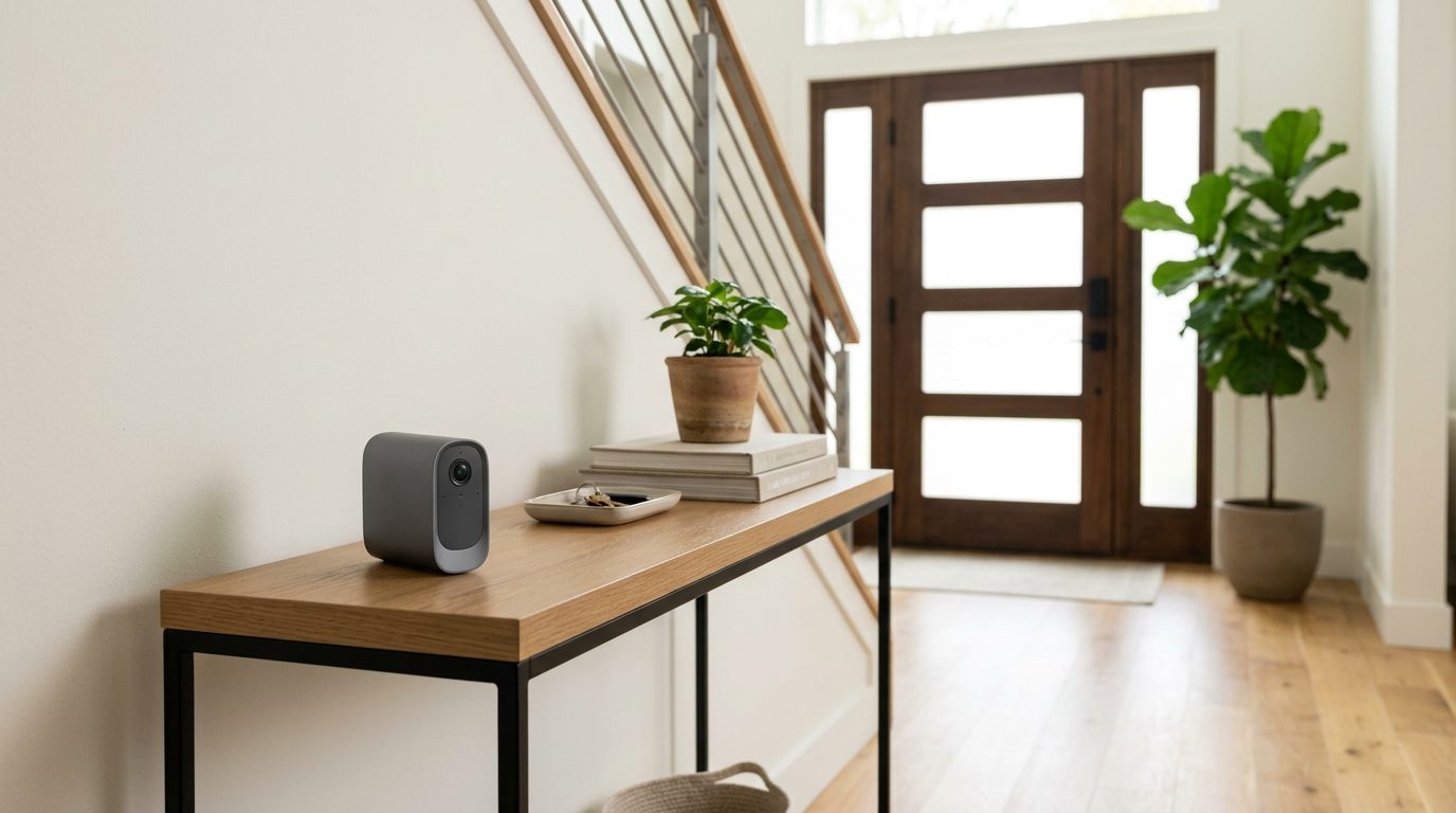 Minimal home camera in a bright entryway