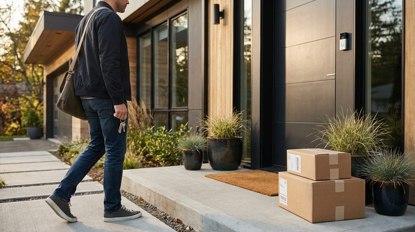 A package on a front doorstep as someone arrives home