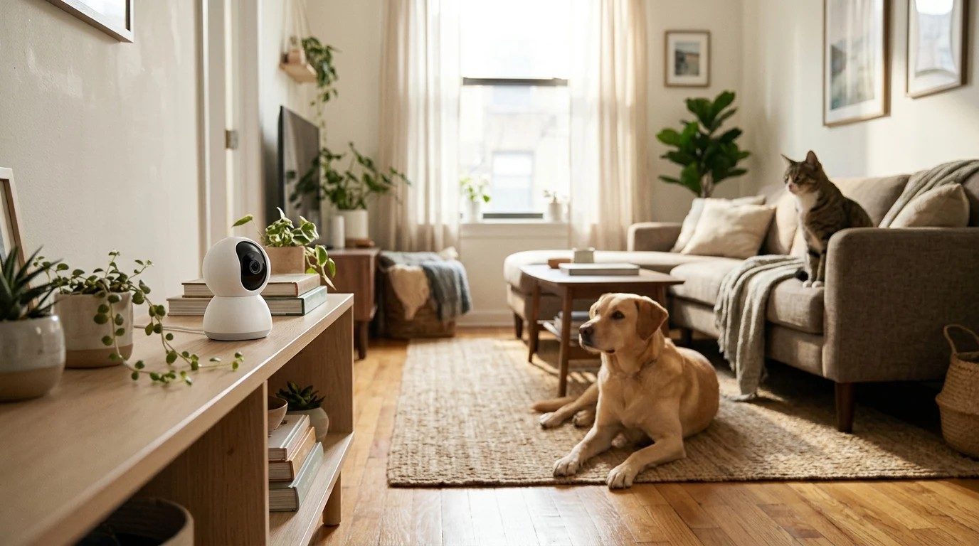 Pet camera on a shelf, a dog and a cat looking at it