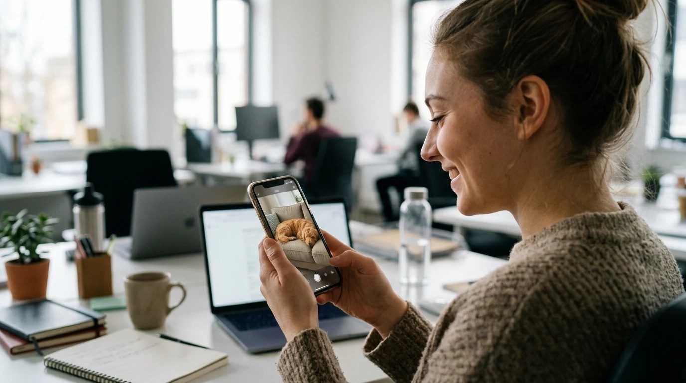 Woman smiling at her phone at an office desk, looking at a video of her dog at home