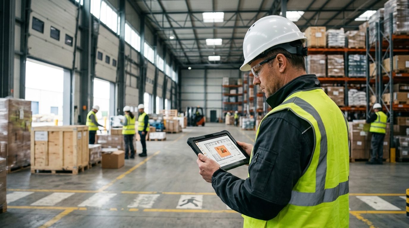 A safety manager holding a tablet that shows a live forklift exclusion zone