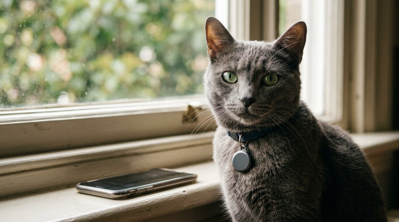 Grey cat wearing a small collar tag