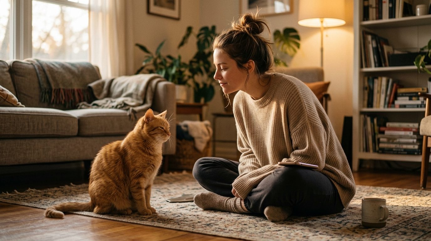 A woman slow-blinking at her orange cat, face close and relaxed