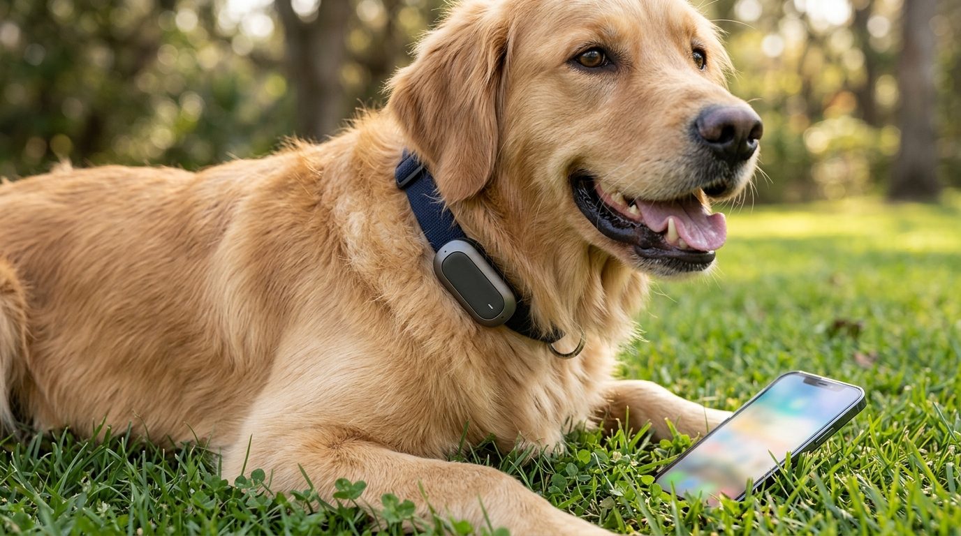 Clip-on device on a golden retriever's collar