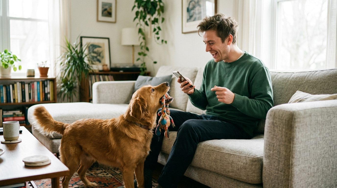 Man laughing on the sofa while his dog barks playfully at him