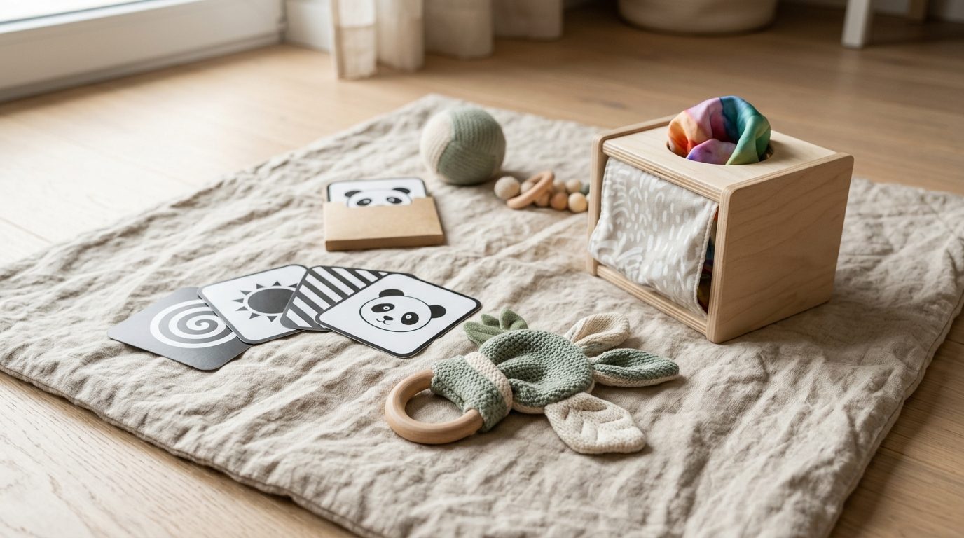 Baby sensory play set on a linen mat