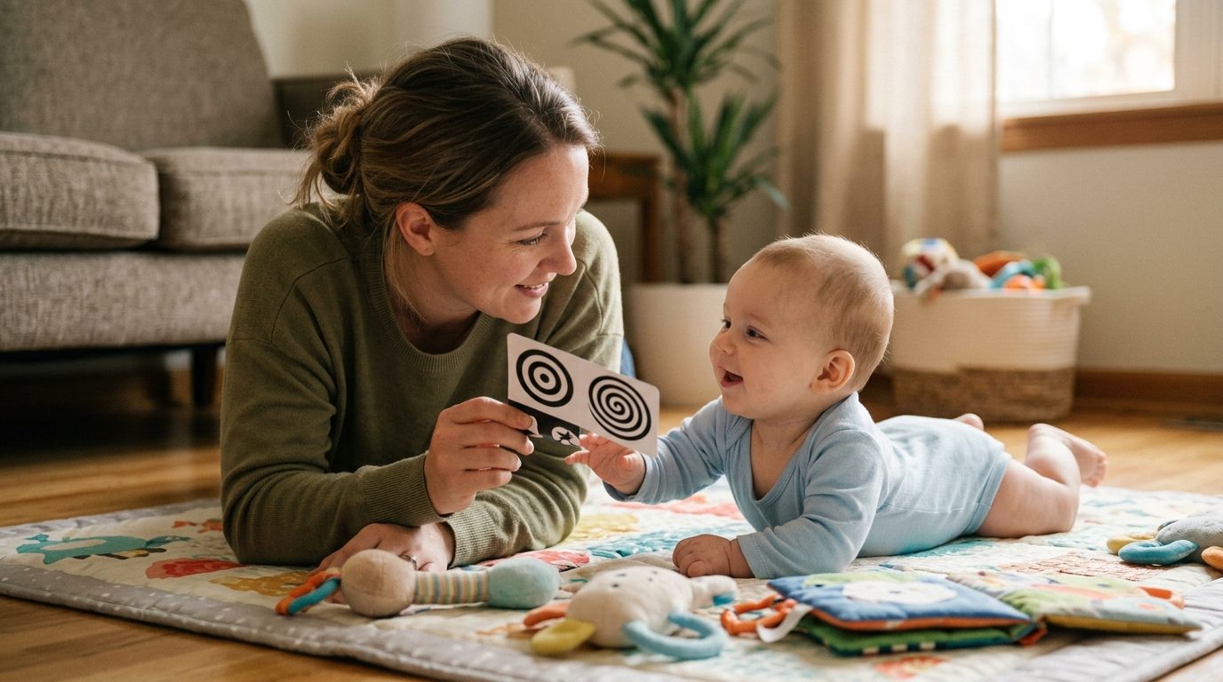 Parent face to face with a smiling baby reaching for a high-contrast card