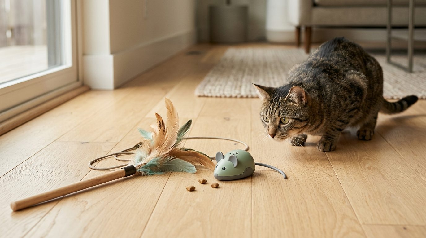 Tabby cat crouched to pounce at a play kit