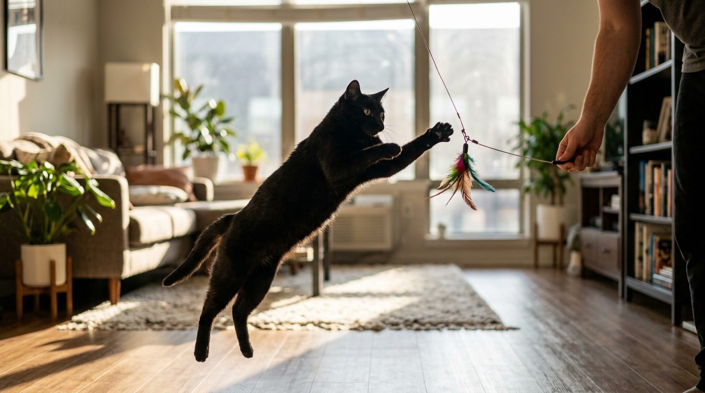 Black cat leaping mid-air after a Prowl feather wand