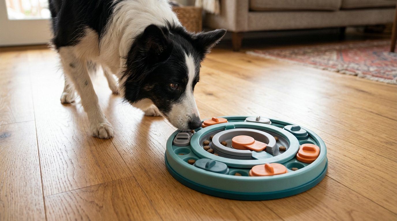 Border collie sniffing a foraging puzzle feeder