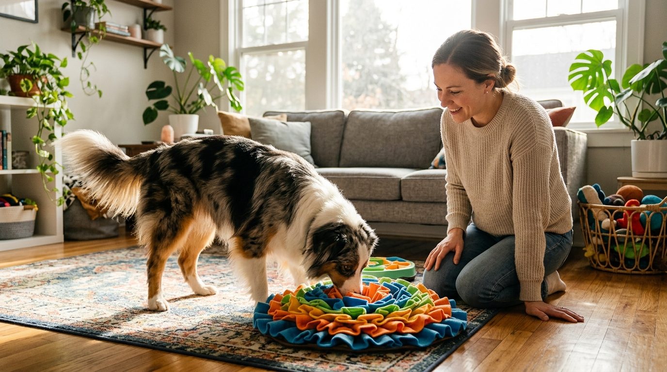 Dog nose-deep in the Scentry feeder while its owner kneels beside it